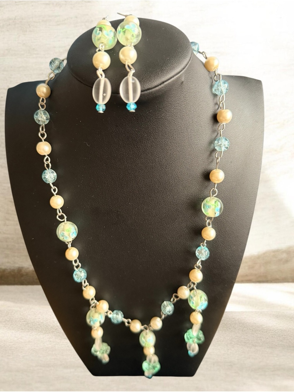 Handmade Green and Cream Beaded Necklace & Earrings Set